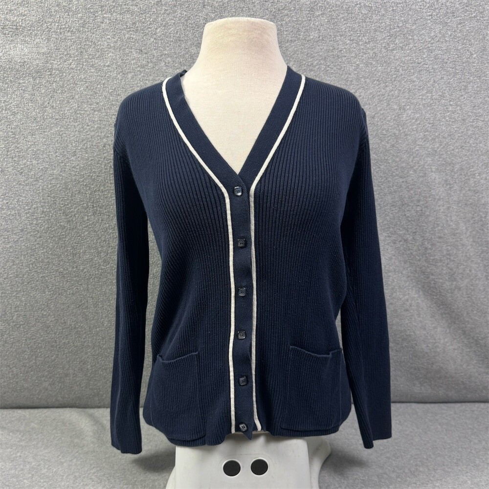 Vintage G.H. Bass & Co Cotton Cardigan Sweater Womens M Navy Blue V-Neck